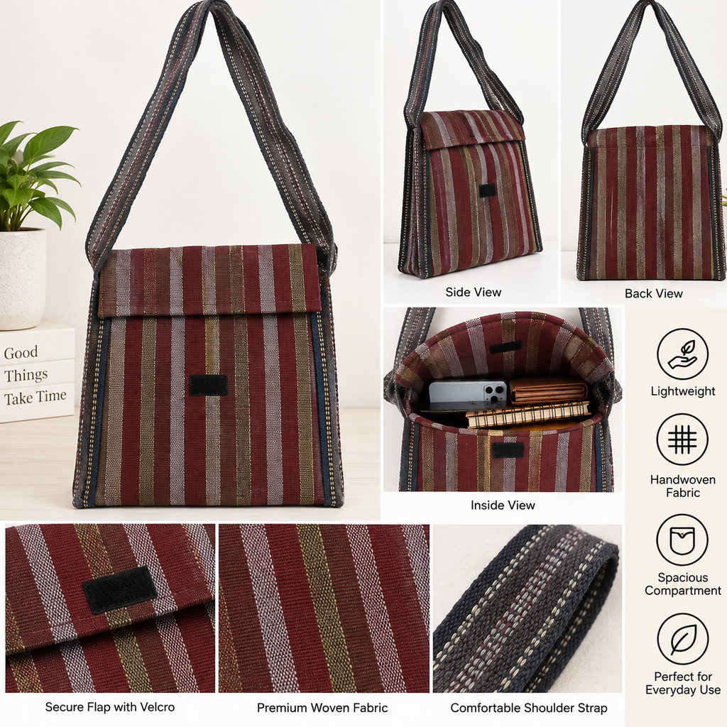 Handwoven Striped Crossbody Sling Bag with Multiple Zipper Pockets
