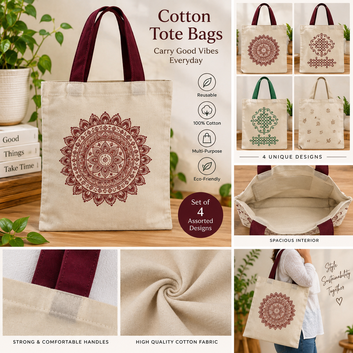 Assorted 4-Design Handmade Cotton Tote Bags – Traditional Printed & Handcrafted Shopping Bags