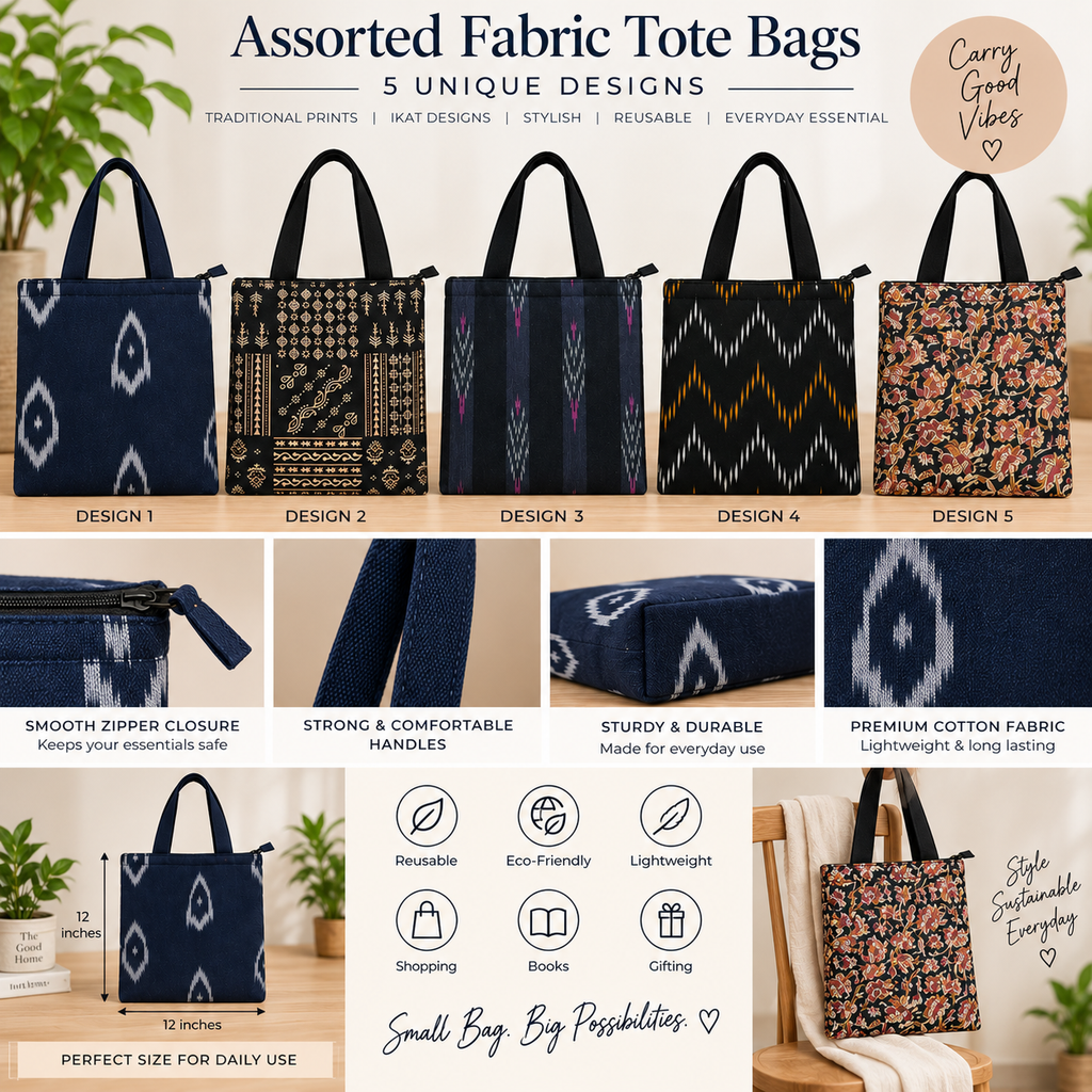 Assorted 5-Design Cotton Ikat & Printed Tote Bags – Reusable Handcrafted Fabric Shopping Bags