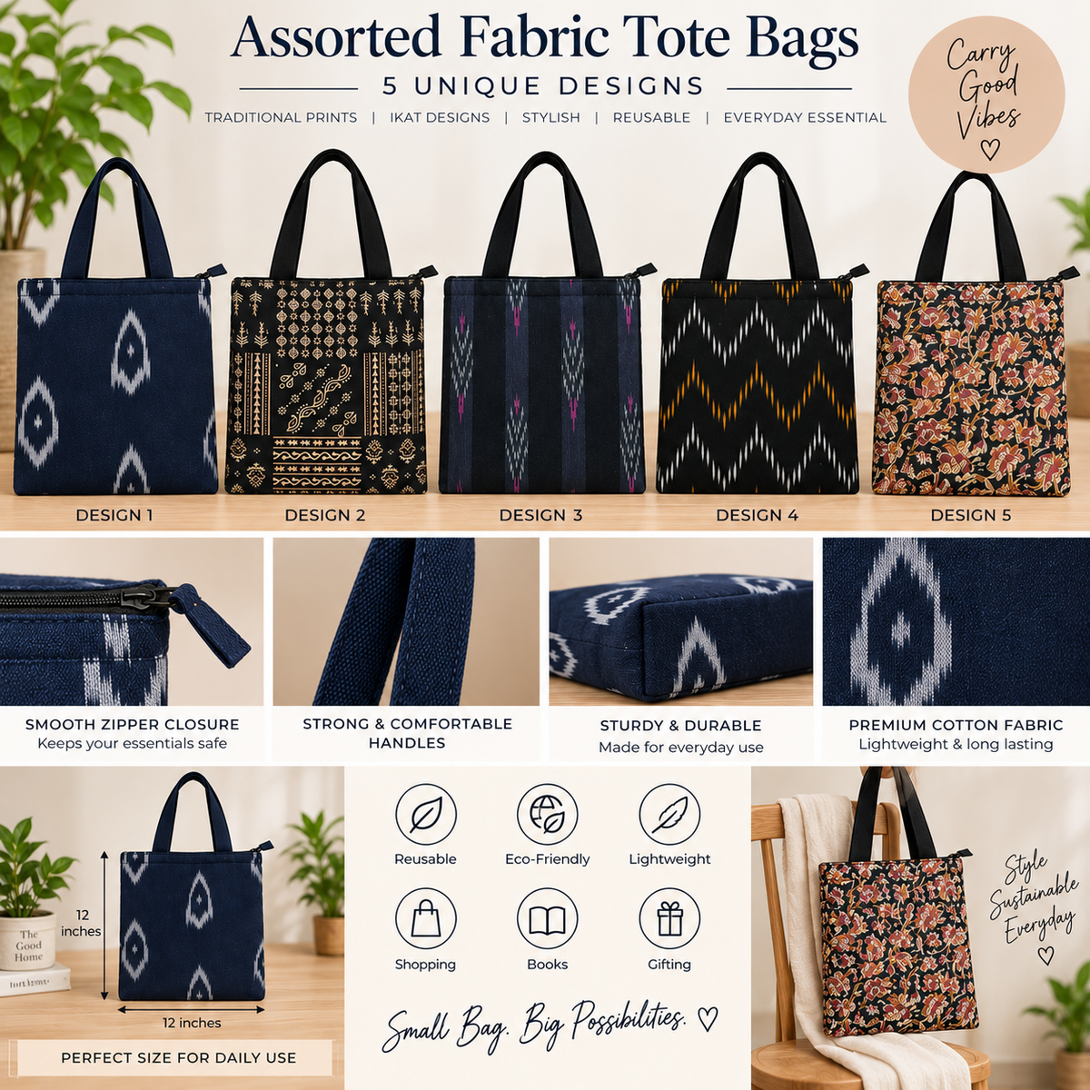 Assorted 5-Design Cotton Ikat & Printed Tote Bags – Reusable Handcrafted Fabric Shopping Bags