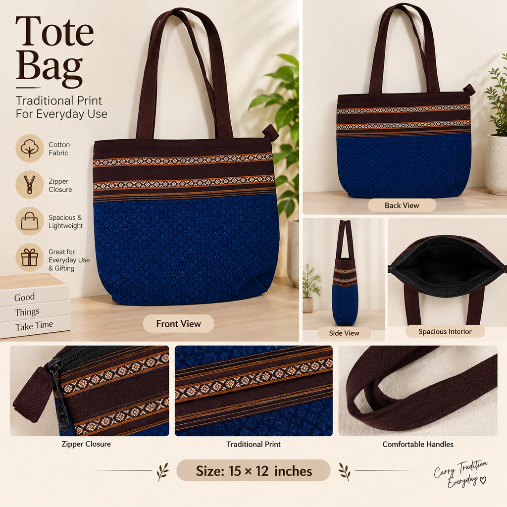 Assorted 2-Design Traditional Print Cotton Tote Bags – Zipper Closure