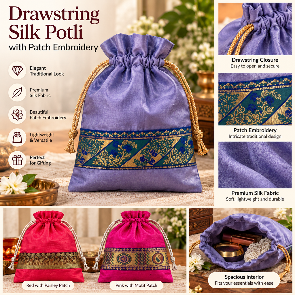 Drawstring Silk potli with patch embroidery