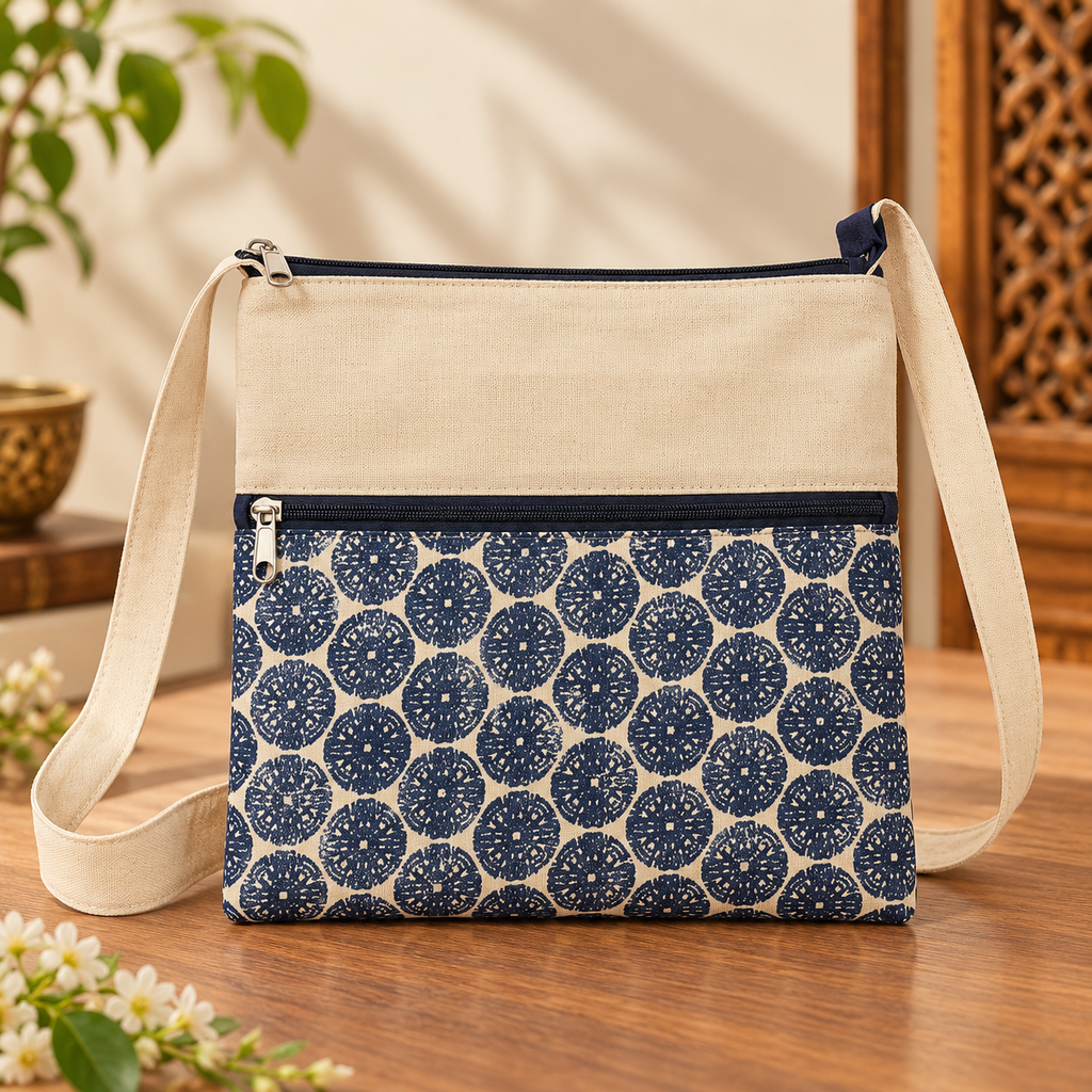 Block printed Sling bag with Zipper