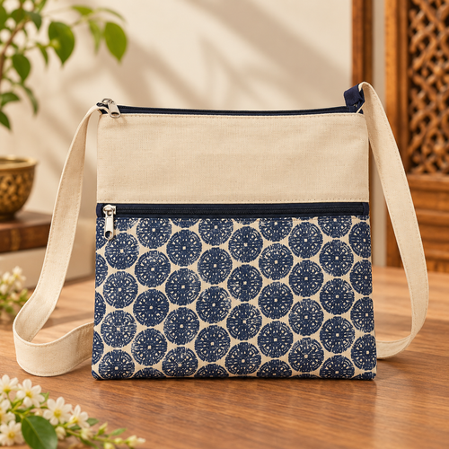 Block printed Sling bag with Zipper