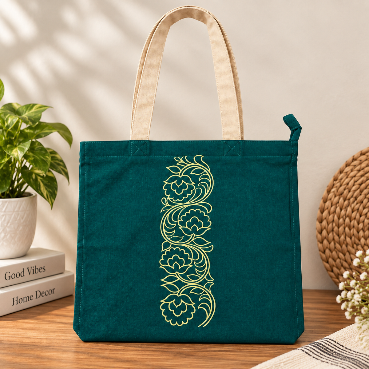 Colourful cotton printed with stylised motif