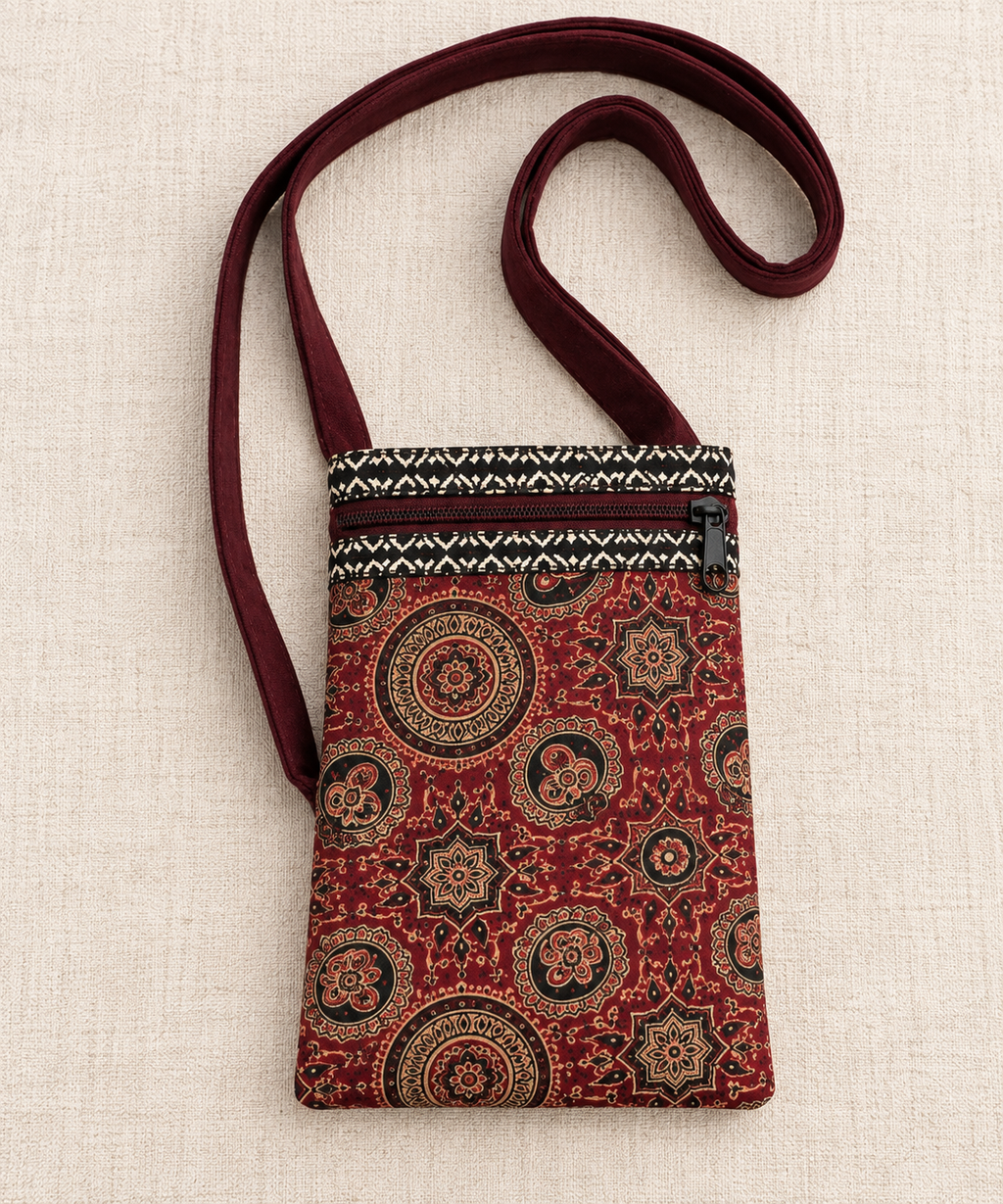 Printed Fabric Mini Sling Bag with Front Zipper Pocket – Lightweight Crossbody Bag