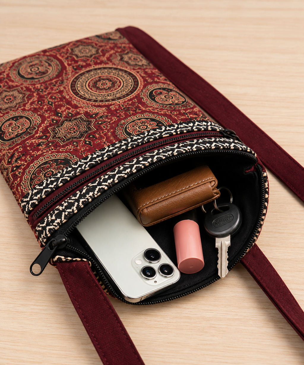 Printed Fabric Mini Sling Bag with Front Zipper Pocket – Lightweight Crossbody Bag