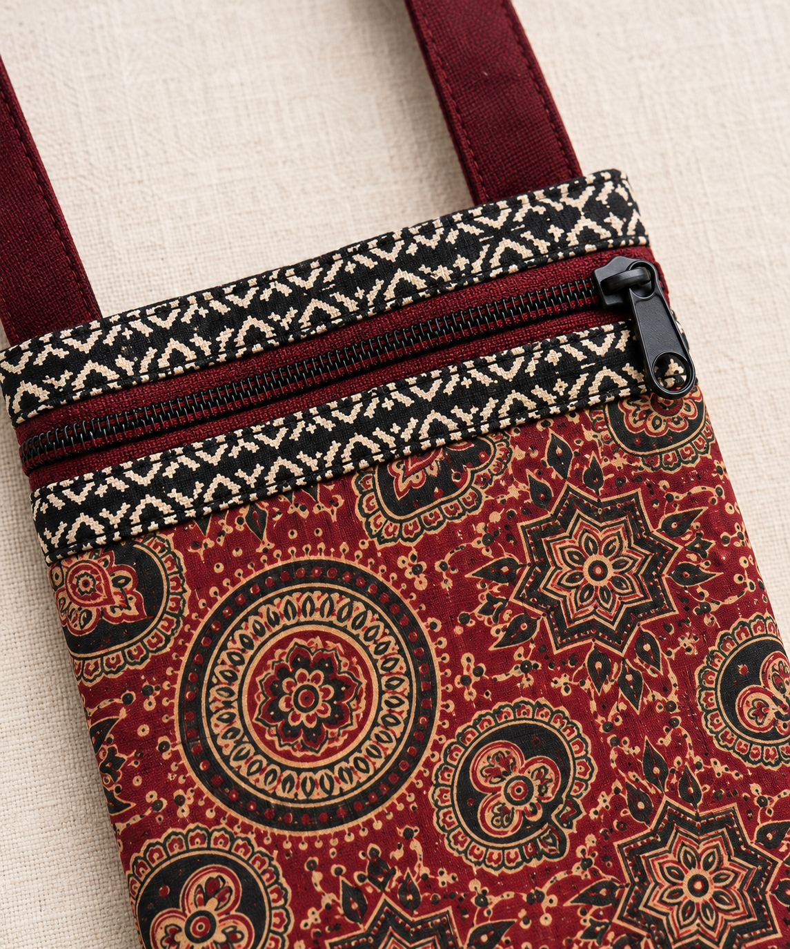 Printed Fabric Mini Sling Bag with Front Zipper Pocket – Lightweight Crossbody Bag