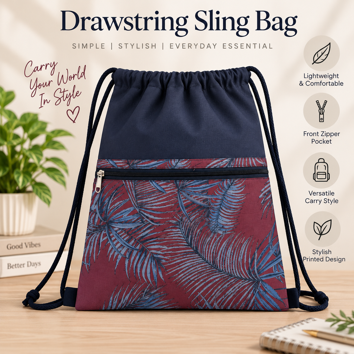 Printed Fabric Drawstring Sling Bag with Zipper Pocket