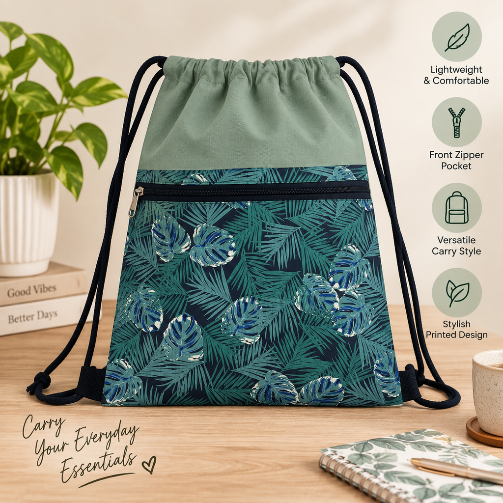 Printed Fabric Drawstring Sling Bag with Zipper Pocket
