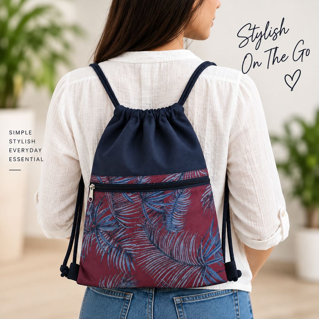 Printed Fabric Drawstring Sling Bag with Zipper Pocket