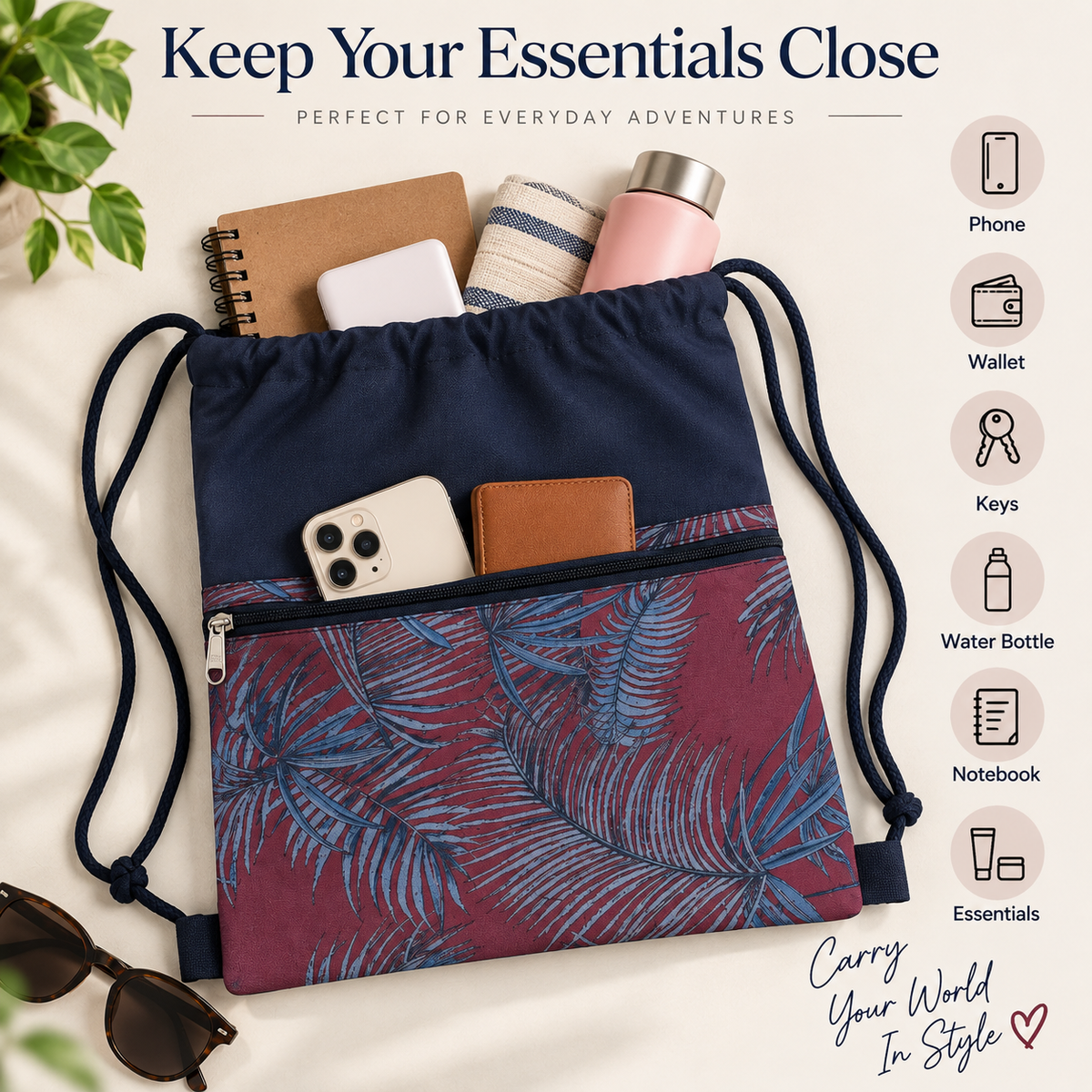 Printed Fabric Drawstring Sling Bag with Zipper Pocket