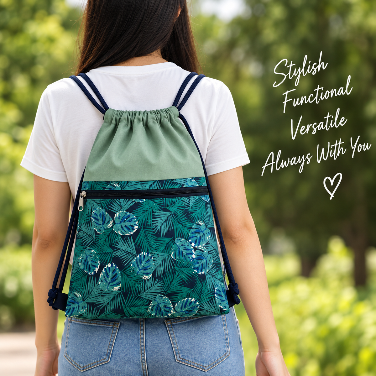 Printed Fabric Drawstring Sling Bag with Zipper Pocket