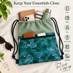 Printed Fabric Drawstring Sling Bag with Zipper Pocket