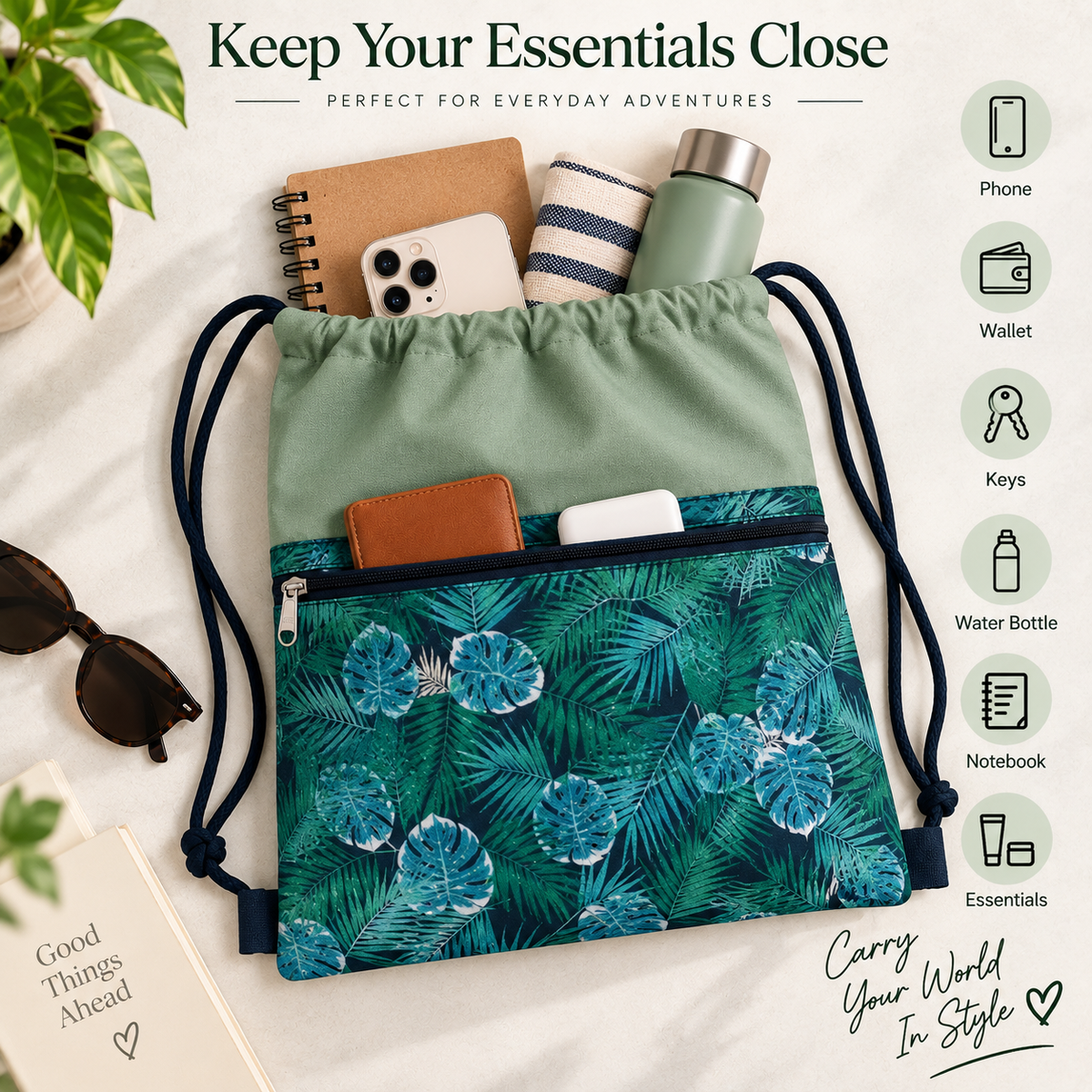 Printed Fabric Drawstring Sling Bag with Zipper Pocket
