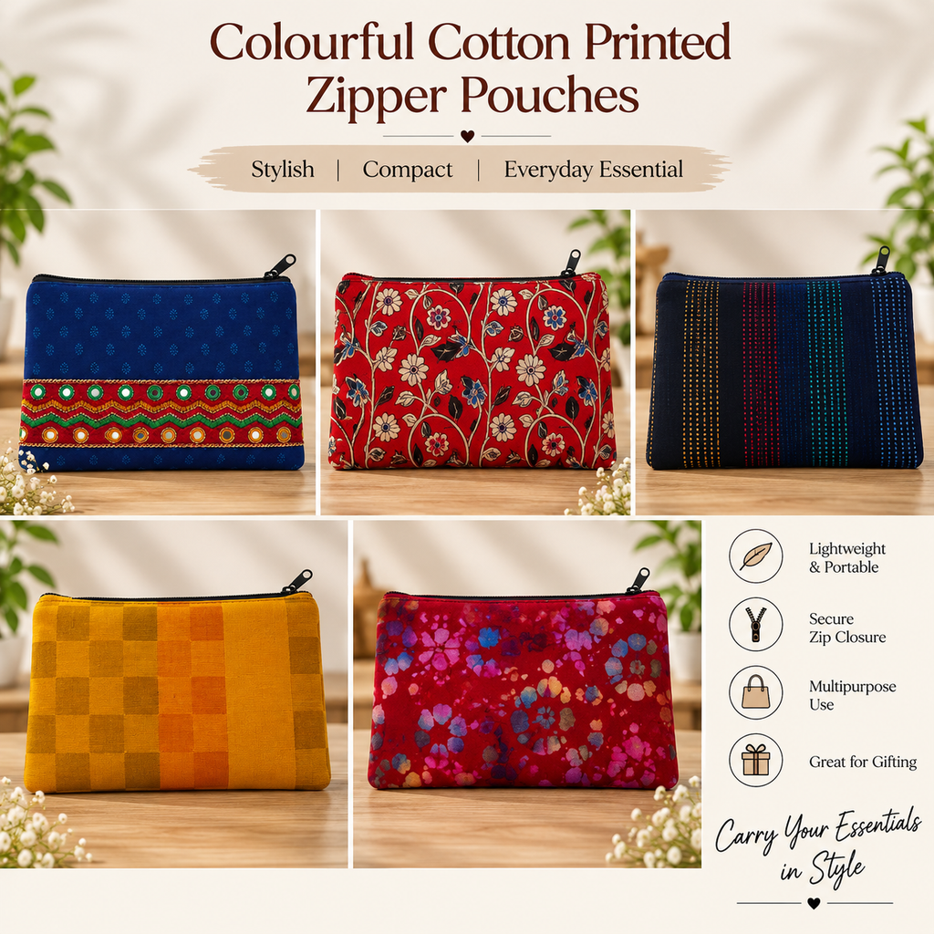 Colourful Cotton Printed Zipper pouches