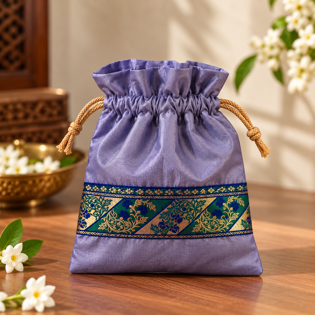 Drawstring Silk potli with patch embroidery
