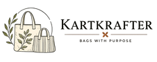 A logo-style graphic for Kartkrafter Bags with Purpose, showing a simple line drawing of two tote bags with leaves on the left and the brand name 'KARTKRAFTER' with the tagline 'BAGS WITH PURPOSE' on a light gray background.